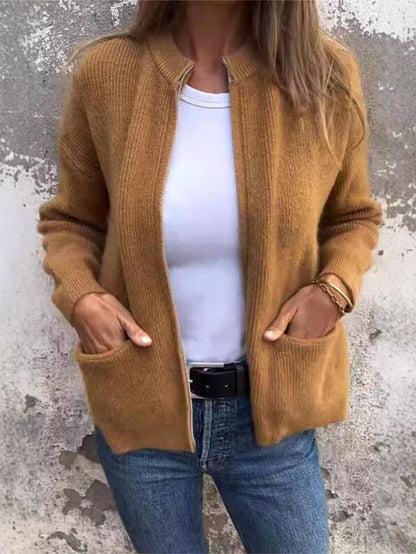 Women's Zipper Jacket – Ribbed Knit – Loose Fit – Stand Collar – Front Pockets