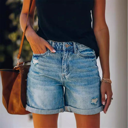 Women's Denim Shorts – Mid-Rise Waist – Relaxed Fit – Frayed Edge – Pockets