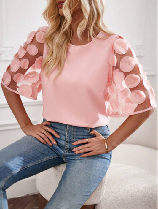 Women's Top with Short Sleeves – Relaxed Fit – Lace Sleeves – Round Neck