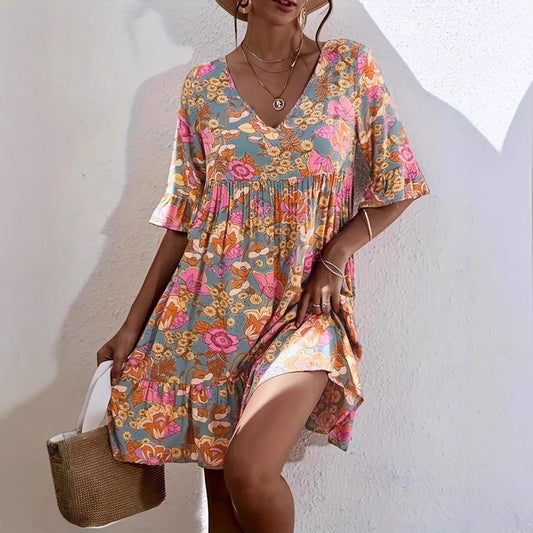 Women's Bohemian Dress – Loose Fit – V-neck – 3/4 Ruffle Sleeves – Floral Pattern – Cotton