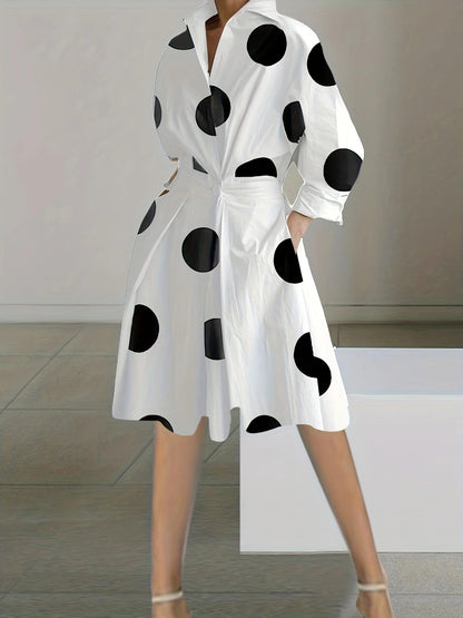 Dress for Women – Mid-length – V-neck – Long Sleeves – Polka Dot – Relaxed Fit