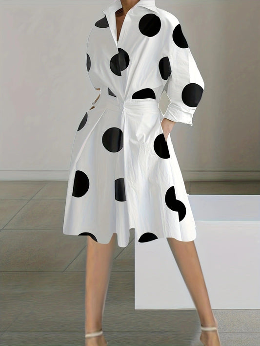 Dress for Women – Mid-length – V-neck – Long Sleeves – Polka Dot – Relaxed Fit