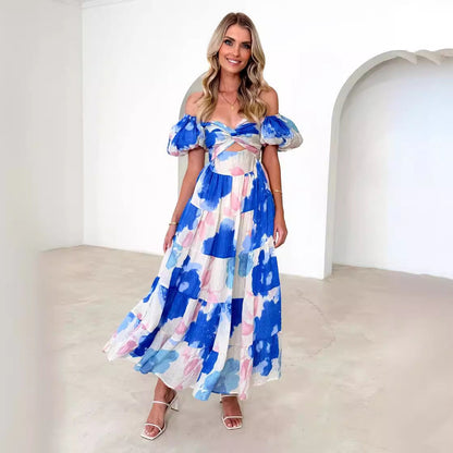Dress woman – Maxi – Flared fit – Puff sleeves – Cut-out waist – Patterned tiered skirt