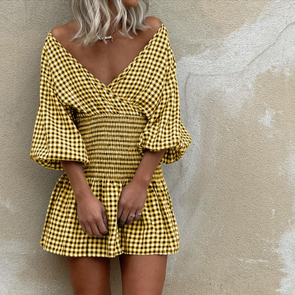 Women's Mini Dress – Cotton Blend – V-Neck – Puff Sleeves – Elastic Waist – Checkered Pattern