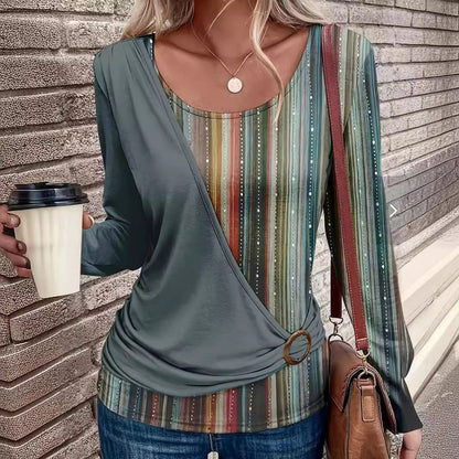 Women's Long-Sleeve Top – Relaxed Fit – Round Neck – Striped Panel Design