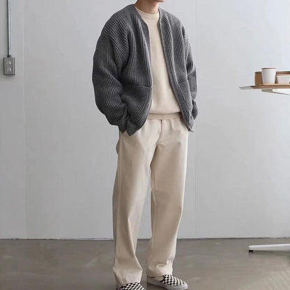 Men's Cardigan – Relaxed Fit – Ribbed Knit – Open Front – Soft Wool Feel