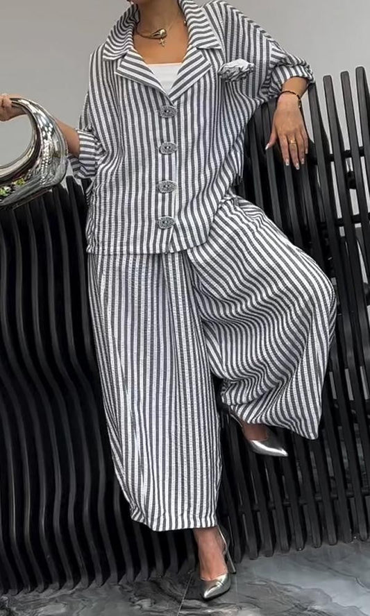 Women's Blazer – Relaxed Fit – Striped Pattern – Cotton – Classic Lapel
