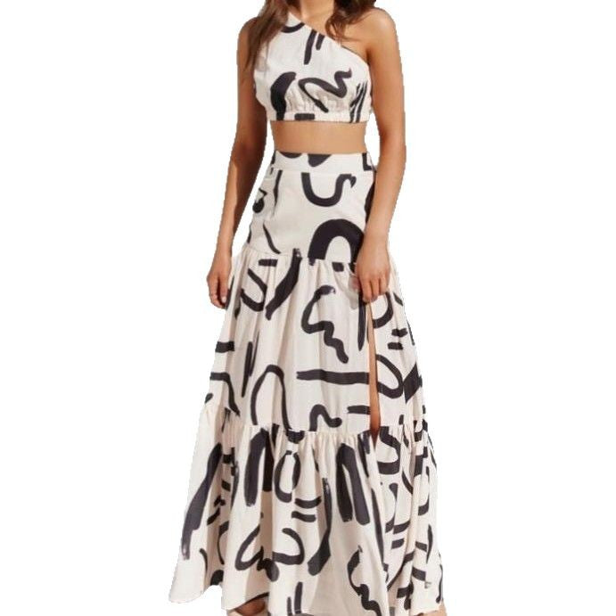 Women's Two-piece Set – One-shoulder Crop Top – High Slit Maxi Skirt – Light Fabric
