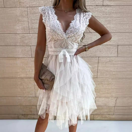 Dress for Women – Party Dress with Lace Top – V-Neck – Sleeveless – Tulle Skirt – Knee-Length