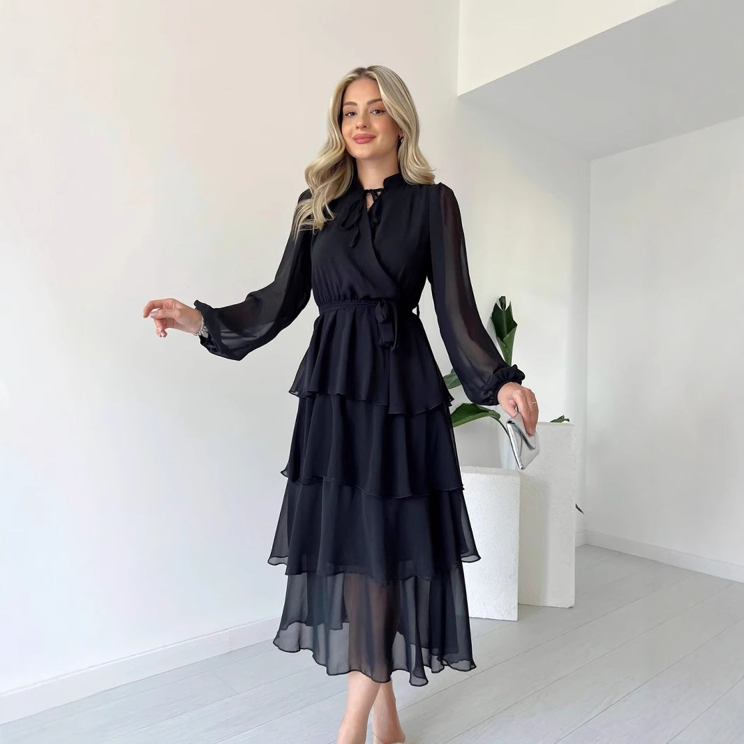 Dress woman – chiffon – midi length – A-line with ruffles – long sleeves – tie at the waist