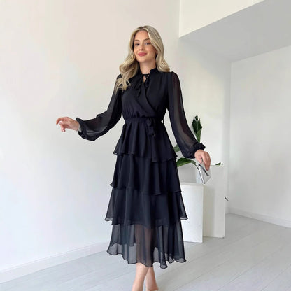Dress woman – chiffon – midi length – A-line with ruffles – long sleeves – tie at the waist