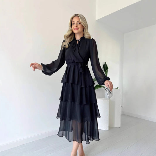 Dress woman – chiffon – midi length – A-line with ruffles – long sleeves – tie at the waist