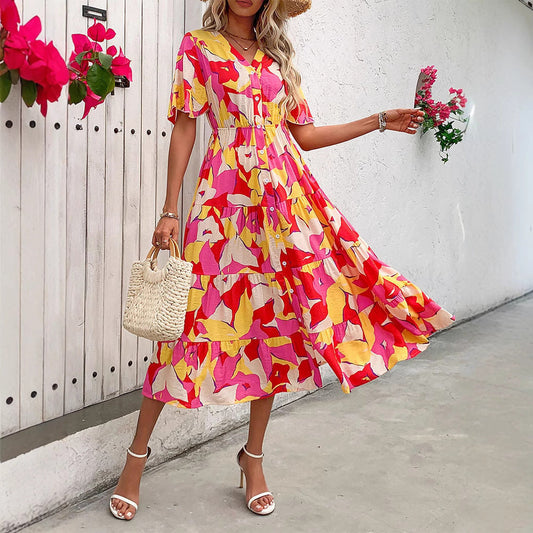 Dress for Women – A-line Fit – Ruffle Sleeves – Abstract Pattern – Knee-length with Buttons