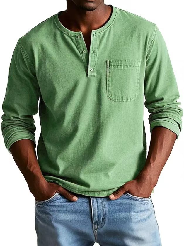 Men's Long-Sleeve T-Shirt – Slim Fit – Breathable Fabric – Button Neck and Chest Pocket