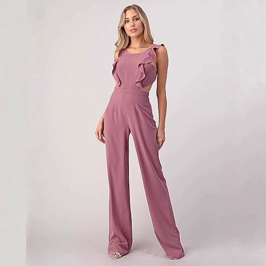 Women's jumpsuit – high waist – wide legs – sleeveless – ruffle details – cut-out waist