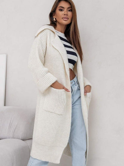 Women's Long Knitted Coat – Wool Blend – Oversized Fit – Hood and Pockets