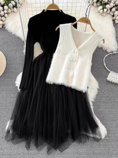 Women's Dress Set – Knitted Top – A-line Tulle Skirt – Sleeveless Vest