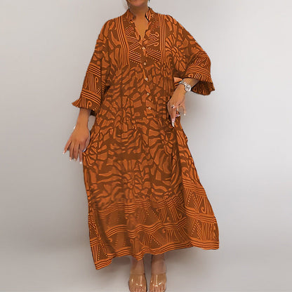 Dress for Women – Midi Length – Relaxed Fit – Abstract Pattern – 3/4 Sleeves – Stand Collar – Front Buttons