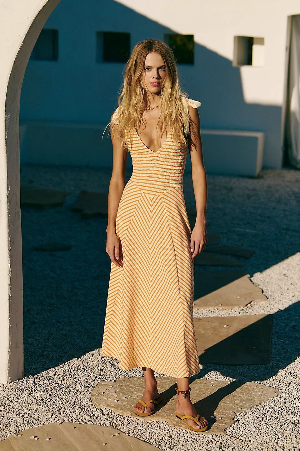 Dress for Women – Maxi with Deep V-Neckline – Adjustable Straps – Chevron Pattern