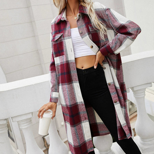 Women's Shirt Jacket – Oversized Fit – Check Pattern – Mid Length – Cotton Blend