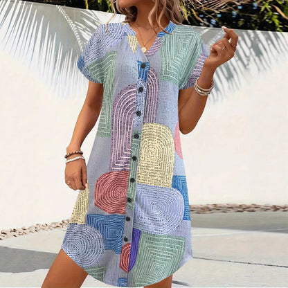 Dress for Women – Loose Fit – V-Neck – Front Buttons – Short-Sleeved – Geometric Pattern