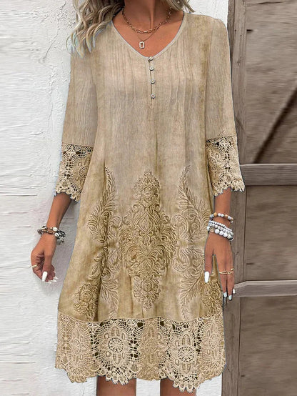 Dress Woman – A-line Fit – V-neck with Lace and Embroidery – Breathable Fabric – Midi Length – Elbow-length Sleeves