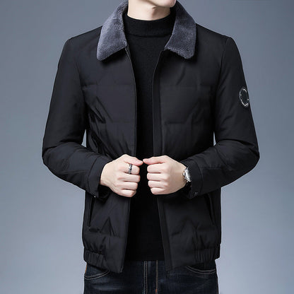 Men's Down Jacket – Slim Fit – Short Length – Removable Fur Collar – Insulating Fabric