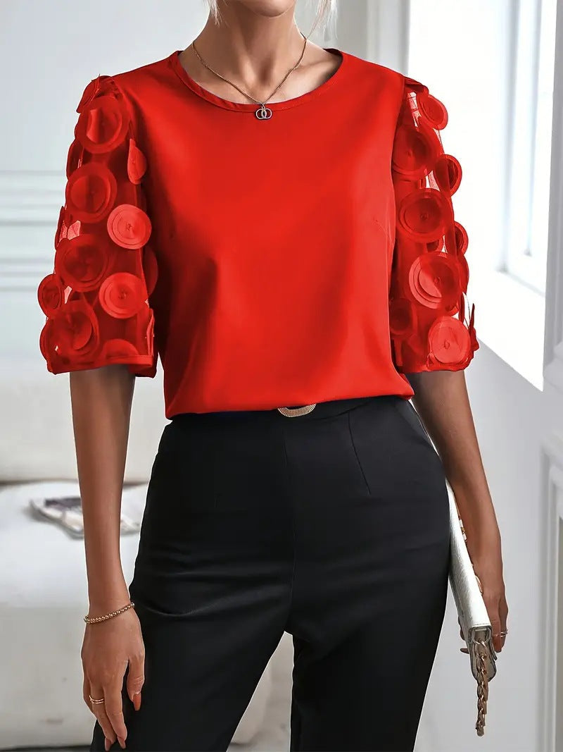 Women's Top with Short Sleeves – Relaxed Fit – Lace Sleeves – Round Neck
