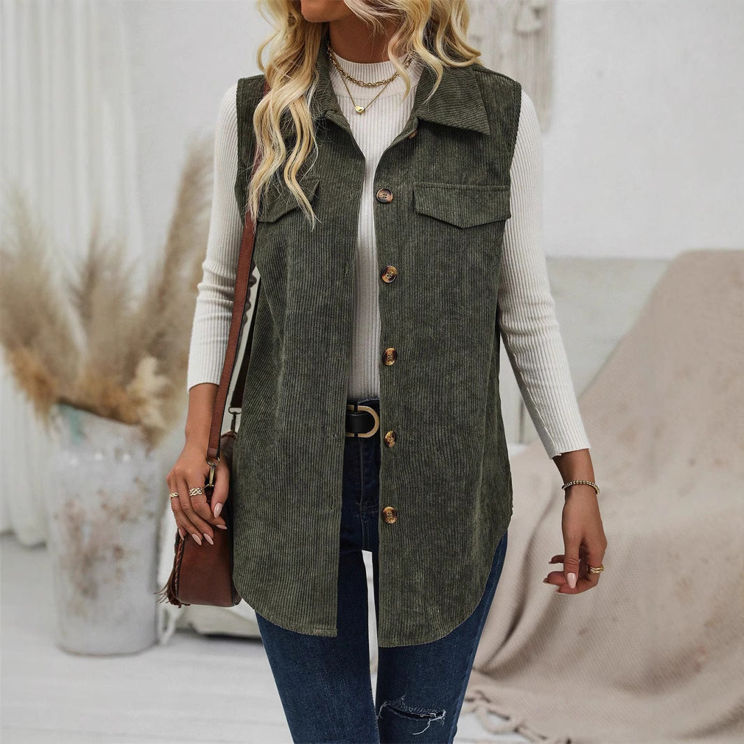 Women's Vest – Soft Corduroy – Relaxed Fit – Button Closure and Chest Pockets
