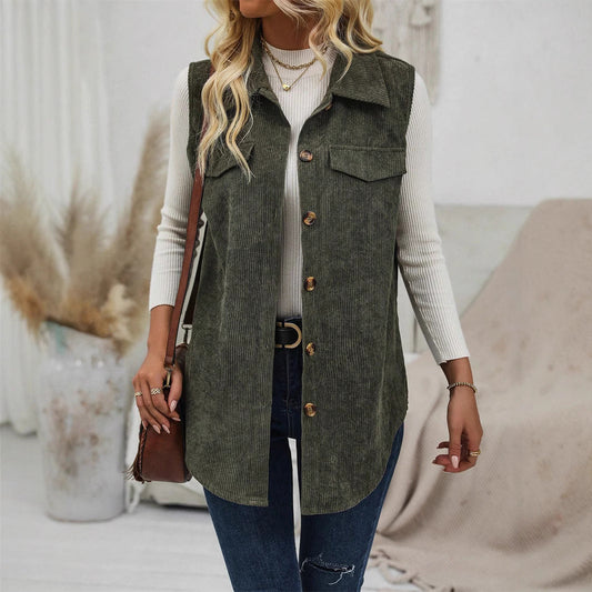Women's Vest – Soft Corduroy – Relaxed Fit – Button Closure and Chest Pockets