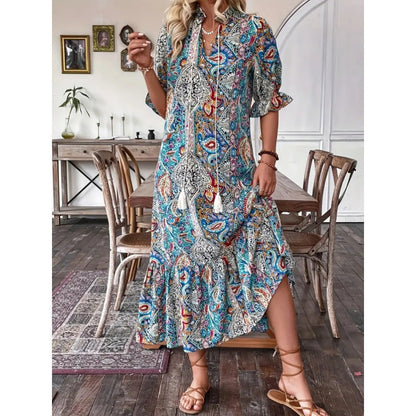 Dress for Women – Midi – Relaxed Fit – Bohemian Pattern – Ruffles – Tying
