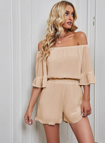 Women's Jumpsuit – Chiffon – Off Shoulder – Wide Sleeves – Elastic Waist – Short Length