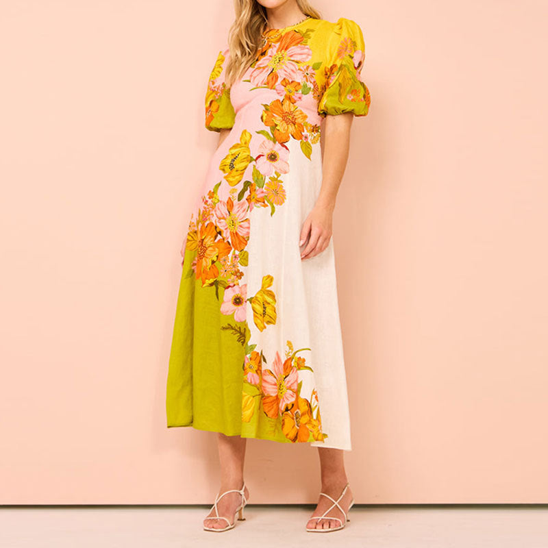 Kjole for dame – Midi-lengde – A-linje passform – Pufferm – Etnisk blomsterprint