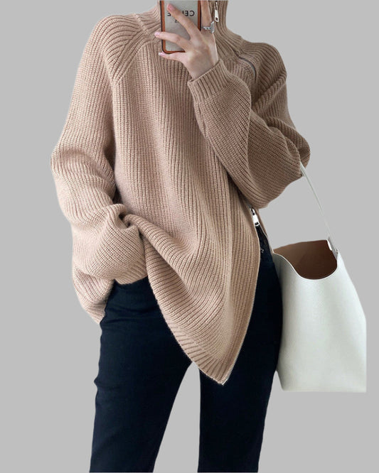 Women's Knitted Sweater – Wool Blend – Oversized Fit – High Neck – Zipper Detail