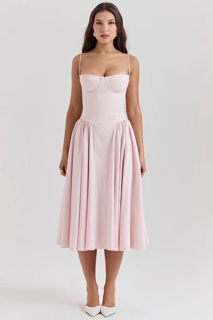 Dress for Women – Midi Length – Slim Top – Spaghetti Straps – Pleated Skirt