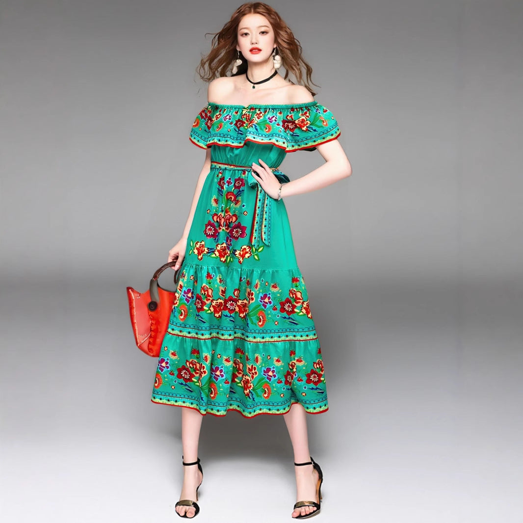 Dress for Women – Off-Shoulder Maxi – Floral Print – Ruffled Bodice – Tiered Skirt