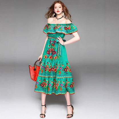 Dress for Women – Off-Shoulder Maxi – Floral Print – Ruffled Bodice – Tiered Skirt