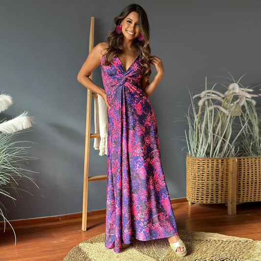 Women's Maxi Dress – Sleeveless V-neck – A-line Fit – Twist Detail – Patterned Design