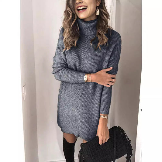 Women's Knitted Dress – Ribbed Structure – High Neck – Long Sleeved – Relaxed Fit