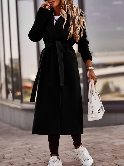 Women's Coat - Long Wool Blend - Elegant Cut with Belt - Classic Trench Coat Design