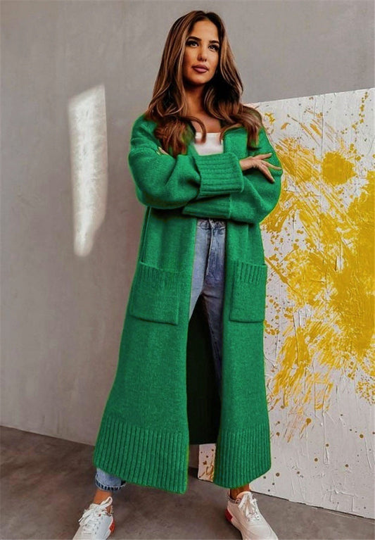 Women's Long Cardigan – Knitted Fabric – Relaxed Fit – Open Front – Side Pockets