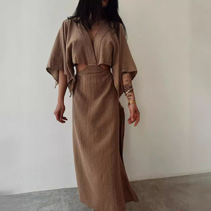 Women's Maxi Dress – Slim Fit – V-Neck – Linen-Cotton Blend – High Slit – Waist Cut-Out