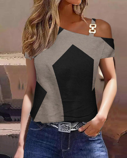 Women's Top with Short Sleeve – Relaxed Fit – One Shoulder – Cotton – Geometric Pattern