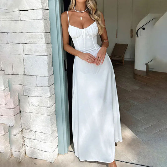 Dress for Women – A-line Fit – Tight Straps – Ruched Bodice – Ankle Length