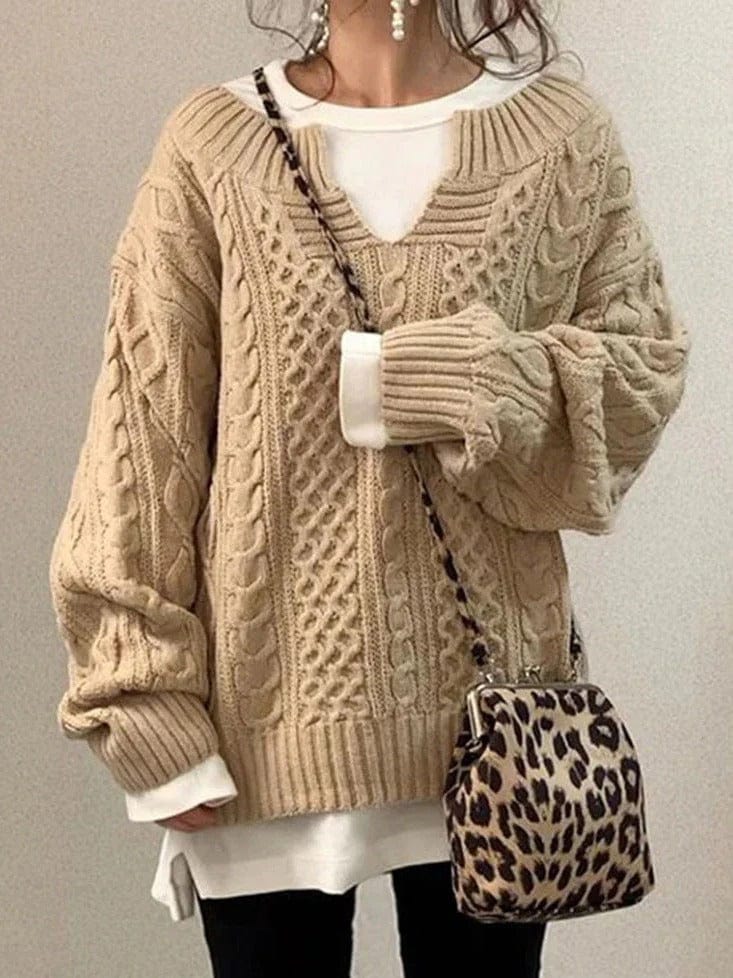 Women's Sweater – Wool Blend – Oversized Fit – Cable Knit – Deep V-neck – Long Sleeved