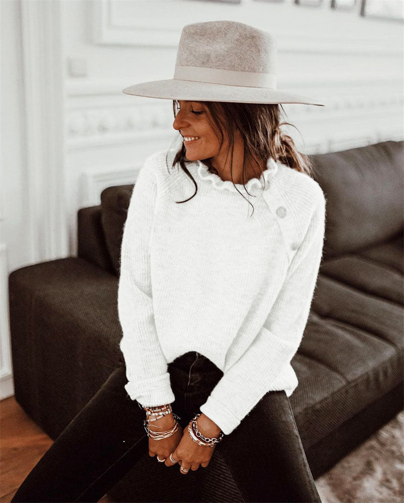 Women's Sweater – Wool Blend – Relaxed Fit – Ruffle Neck – Button Decor Shoulder