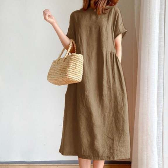 Women's Midi Dress – Light Fabric – Loose Fit – Short Sleeve – Simple Design