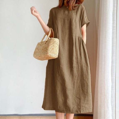 Women's Midi Dress – Light Fabric – Loose Fit – Short Sleeve – Simple Design