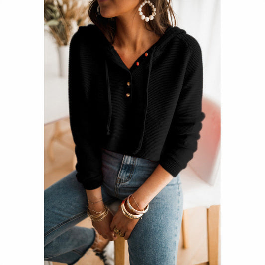 Hoodie woman – Relaxed fit – Knitted texture – Button details – Adjustable hood
