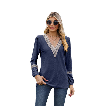 Women's Long-Sleeve T-Shirt – V-Neck – Loose Fit – Lace – Breathable Fabric
